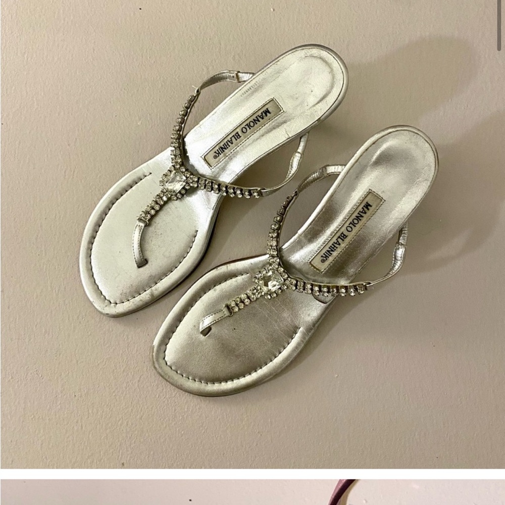 Silver Manolo Blahnik Crystal Embellished T-Strap Sandal With A Kitten Heel - Picture 4 of 10